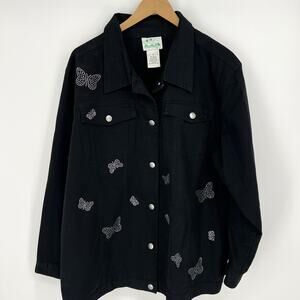 Quacker Factory Black Denim Jacket Rhinestone Butterfly Embelleshed Size 1X